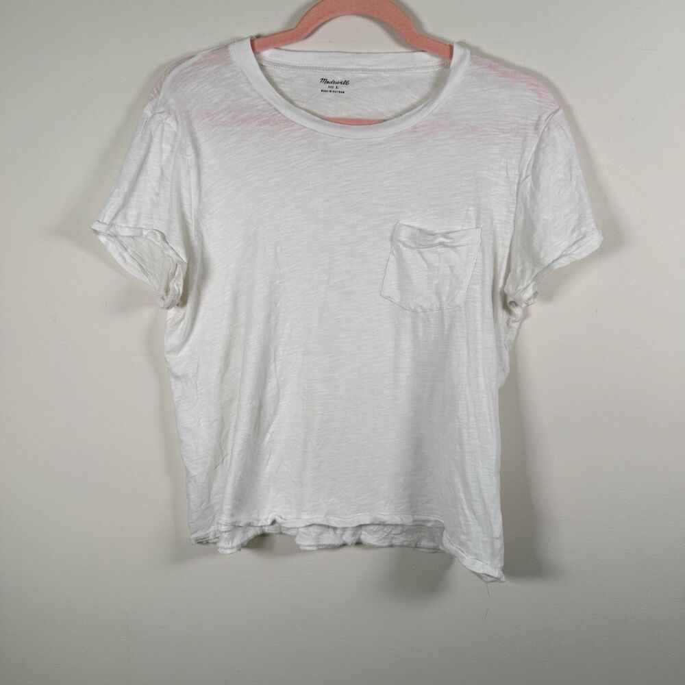 Madewell Womens White Solid Crew Neck Pocket Short Sleeve T-Shirt - L